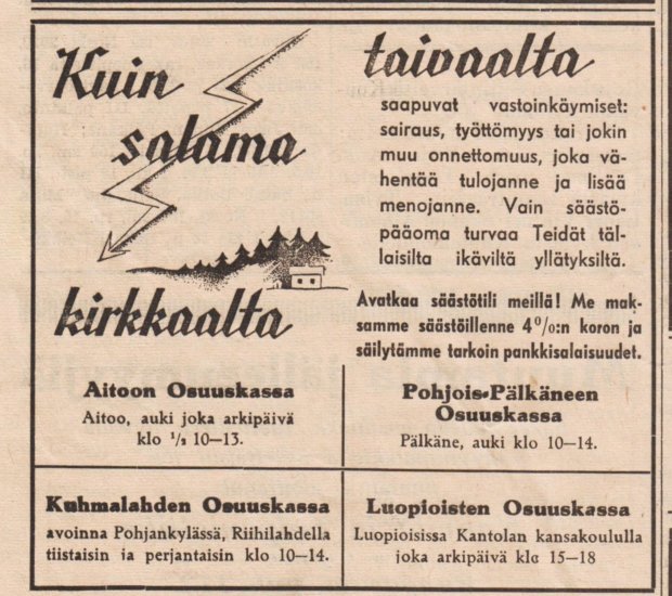 Luopioisten, Aitoon, Kuhmalahden ja Pälkäneen osuuskassojen yhteismainos Kunnallistiedot-lehdessä 11.3.1939.